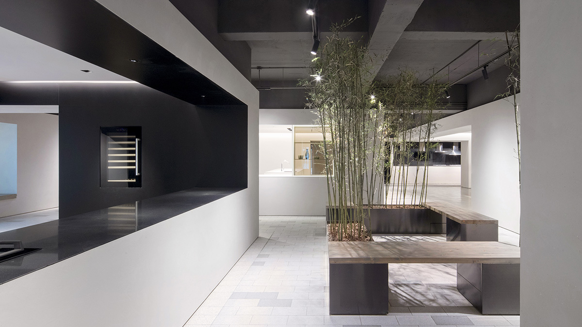 Lukstudio created artificial culinary village from different homes with monochrome interior