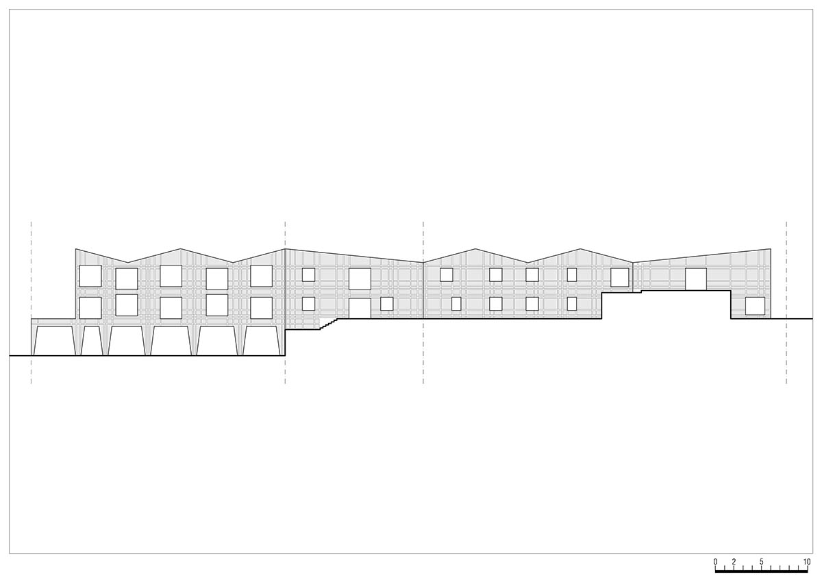 Zigzagged-profiled school featuring trapezoidal legs evokes traditional Tartan fabric in Terlano