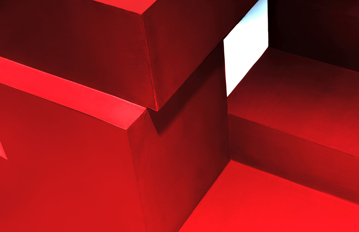 Grey and red colours combined with geometric shapes and shimmering ceiling for fashion store in China