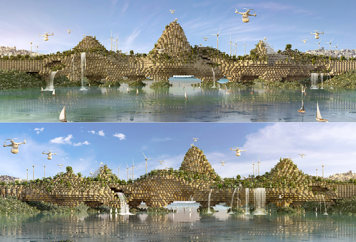 Vincent Callebaut's 5 farming bridges will feature thousands of 3D Printed housing units in Iraq
