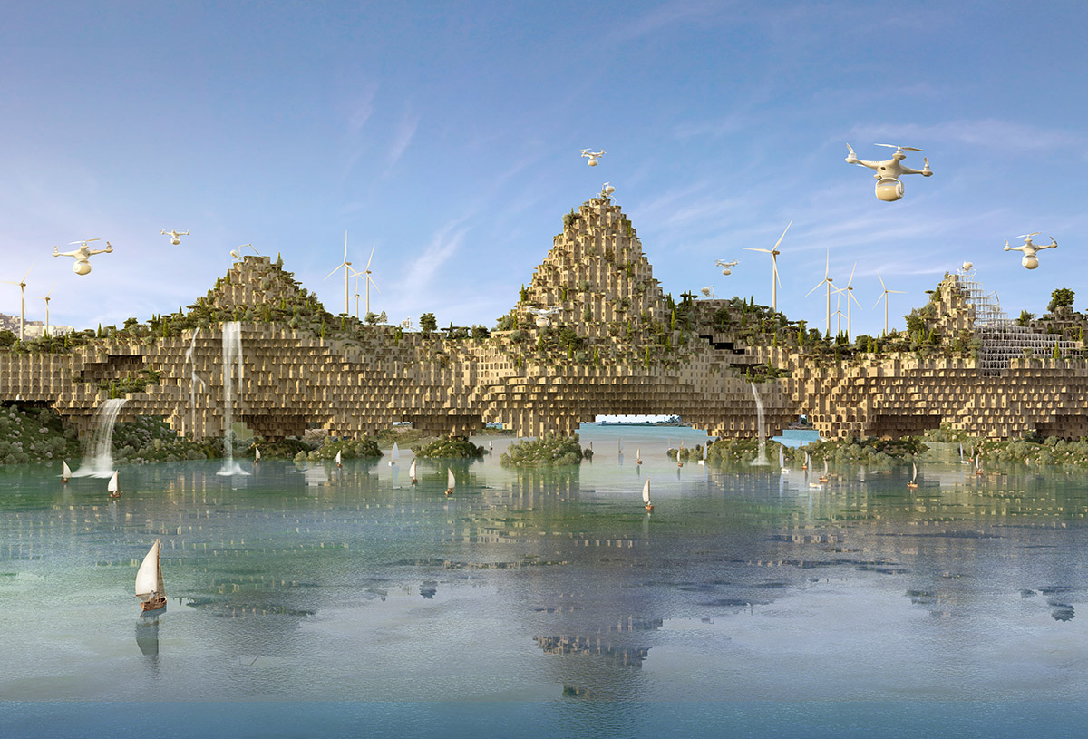 Vincent Callebaut's 5 farming bridges will feature thousands of 3D Printed housing units in Iraq