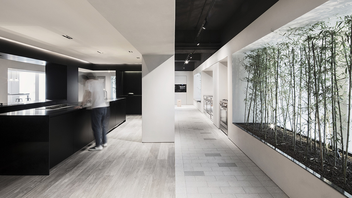 Lukstudio created artificial culinary village from different homes with monochrome interior