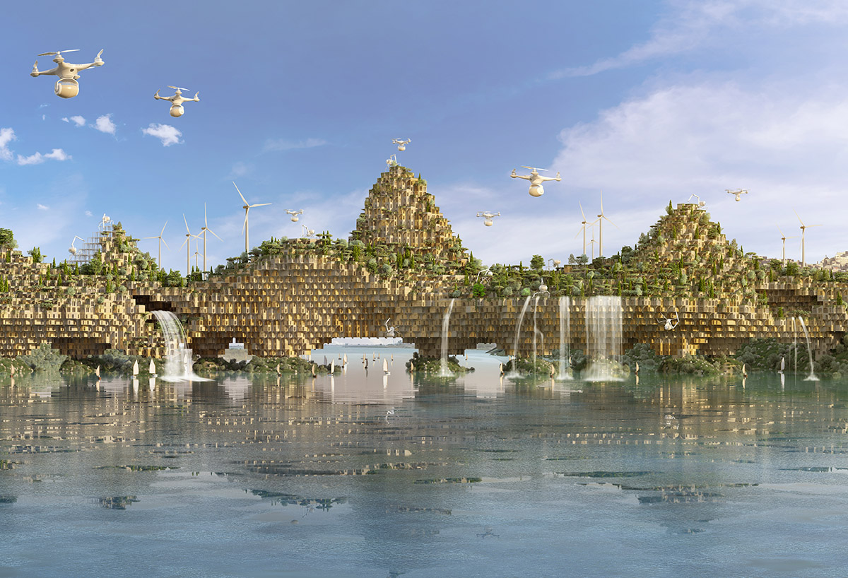 Vincent Callebaut's 5 farming bridges will feature thousands of 3D Printed housing units in Iraq