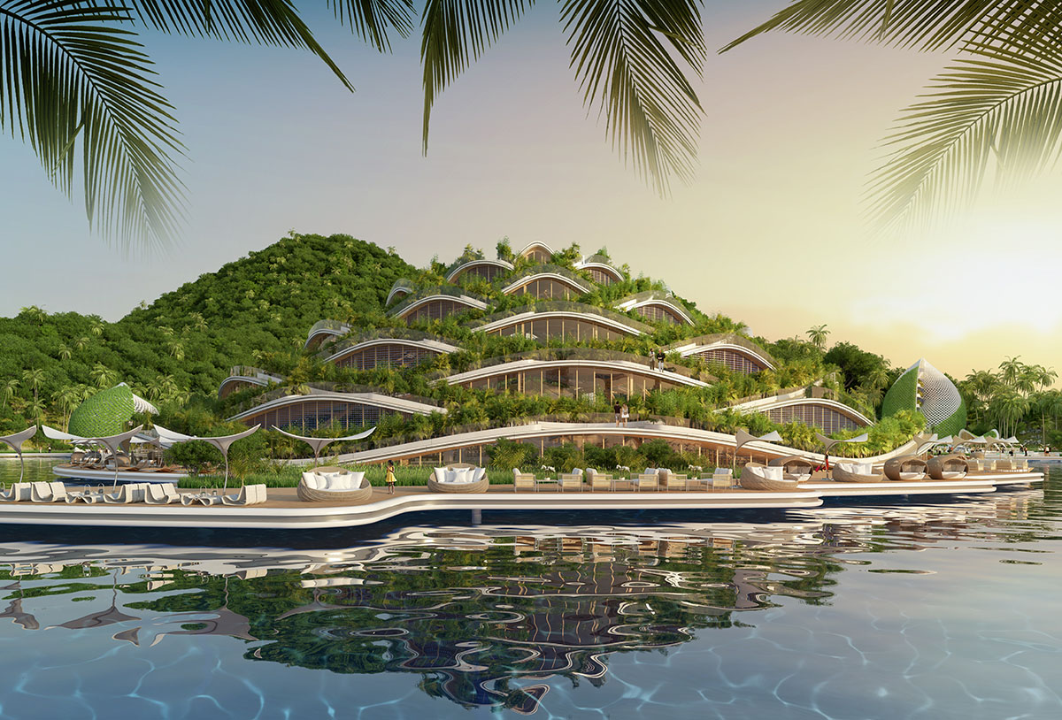 Parisian solarpunk city built on the mountainous slopes of ilhabela. the  meta-modern indian architecture of the city mingles with the lush tropical  greenery to form a city on ilhabela of vibrant parks