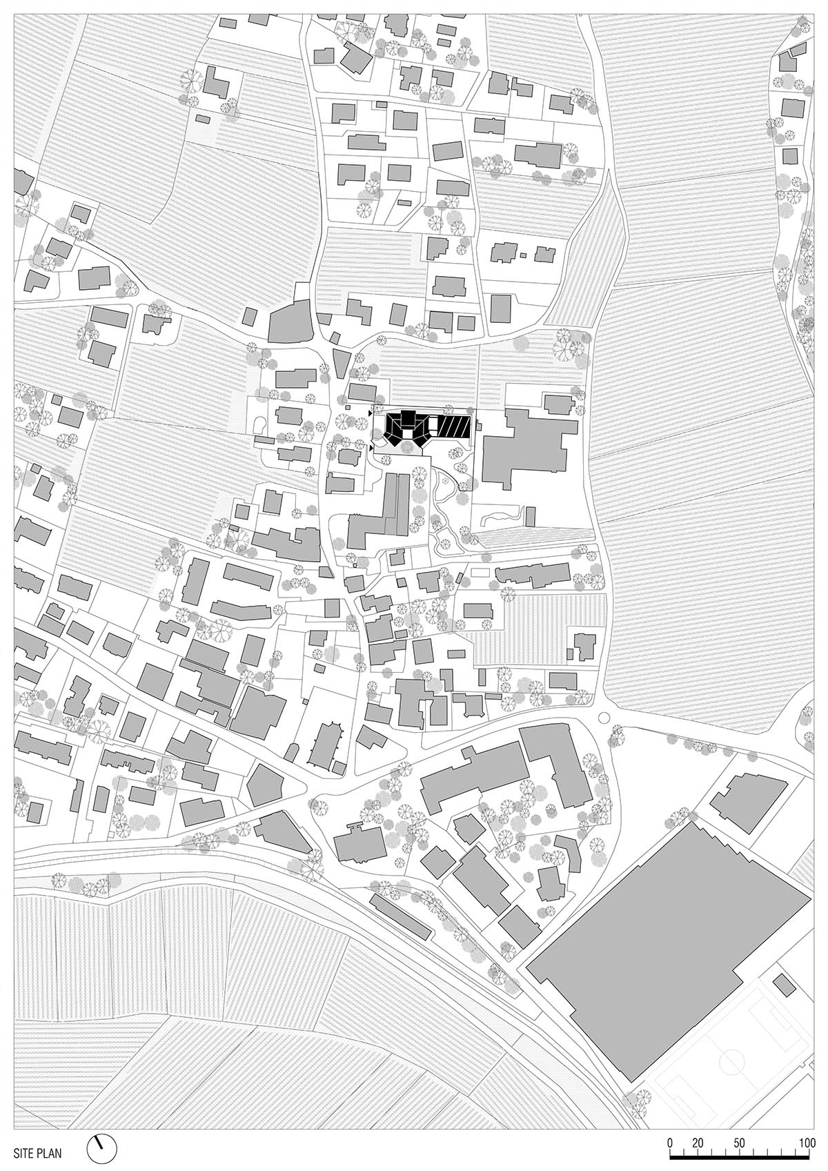Zigzagged-profiled school featuring trapezoidal legs evokes traditional Tartan fabric in Terlano