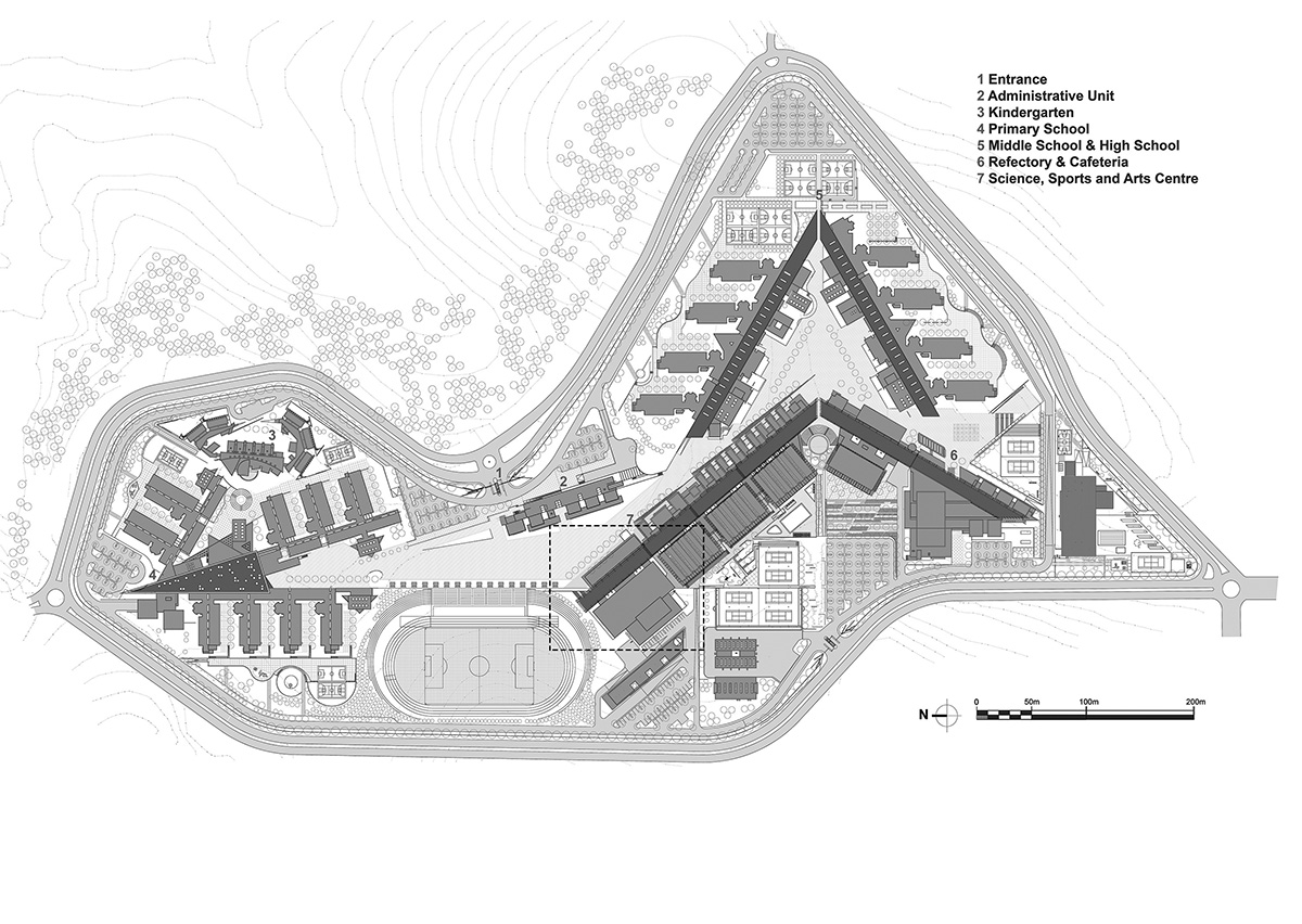 Uygur Architects articulates performing arts center façade with wooden triangulating surfaces