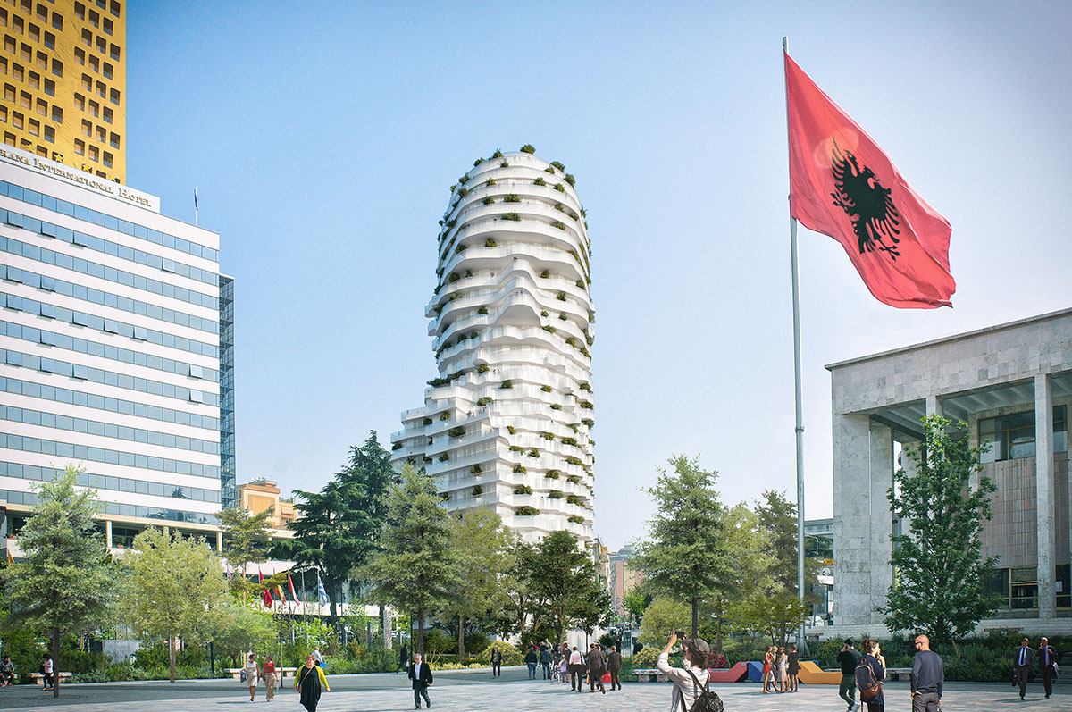 MVRDV sculpts mixed-use tower in the shape of a statue of Albania’s national hero