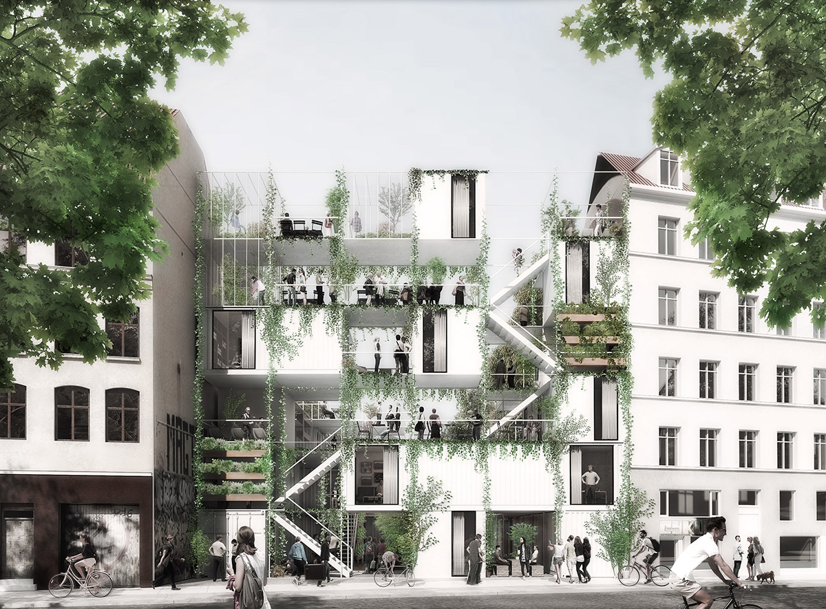 WE Architecture +Erik Juul design scaffolded temporary housing and urban gardens for homeless people
