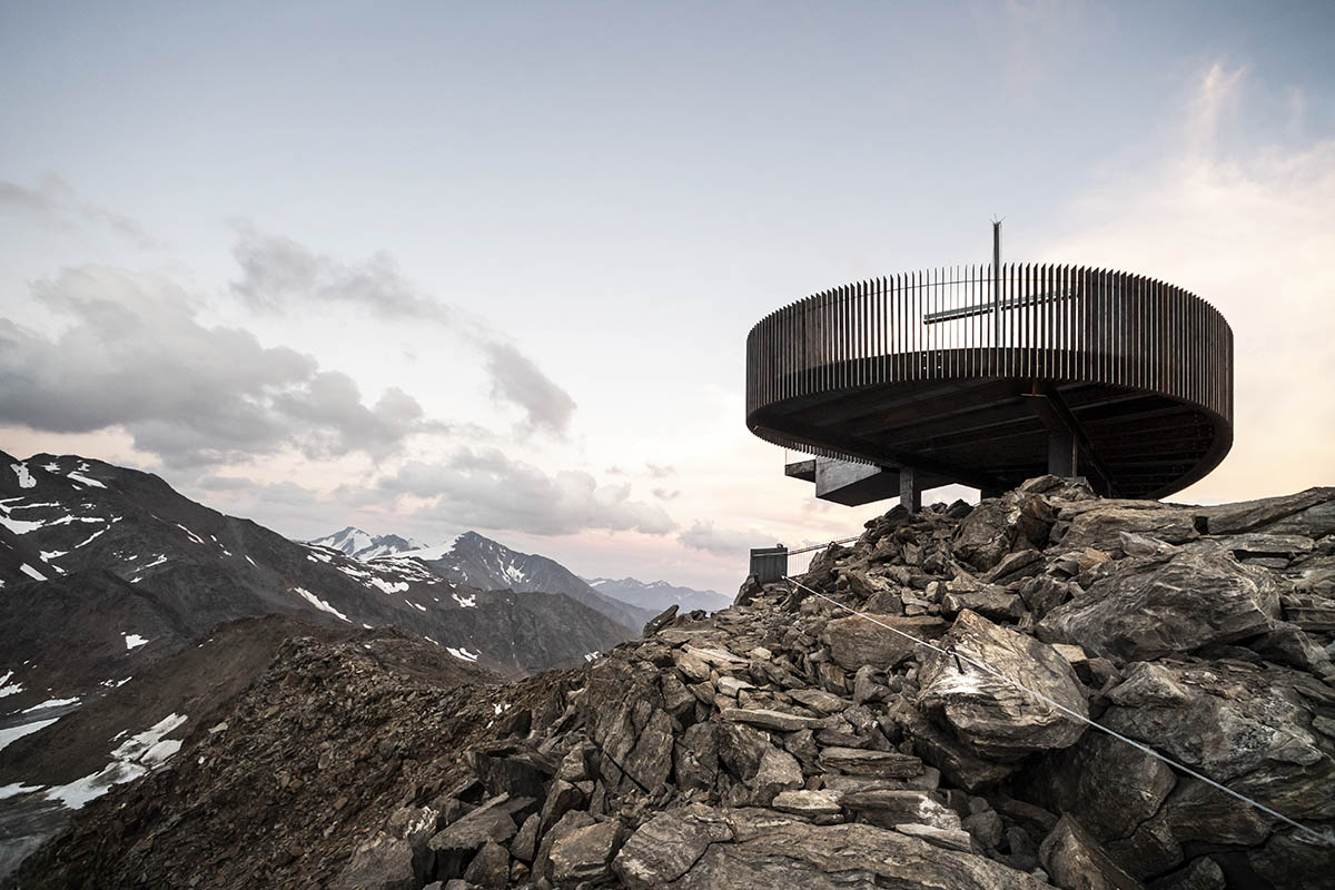 noa* network of architecture built corten steel viewing platform on the Schnals Valley Glacier ridge