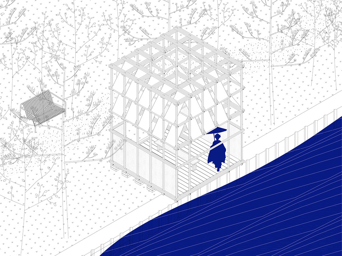GRAU Architects built a tea house pavilion giving a ceremonial impression overlooking a lake 