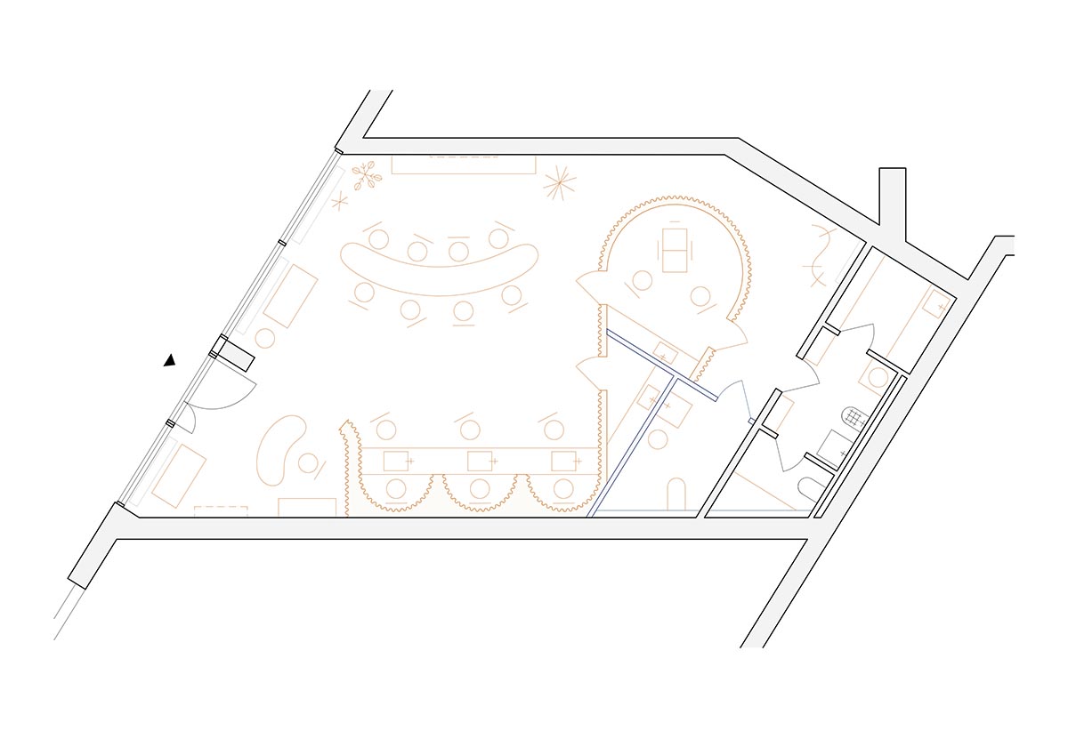 A beauty salon brings warm light with translucent partitions and tactile elements in Prague