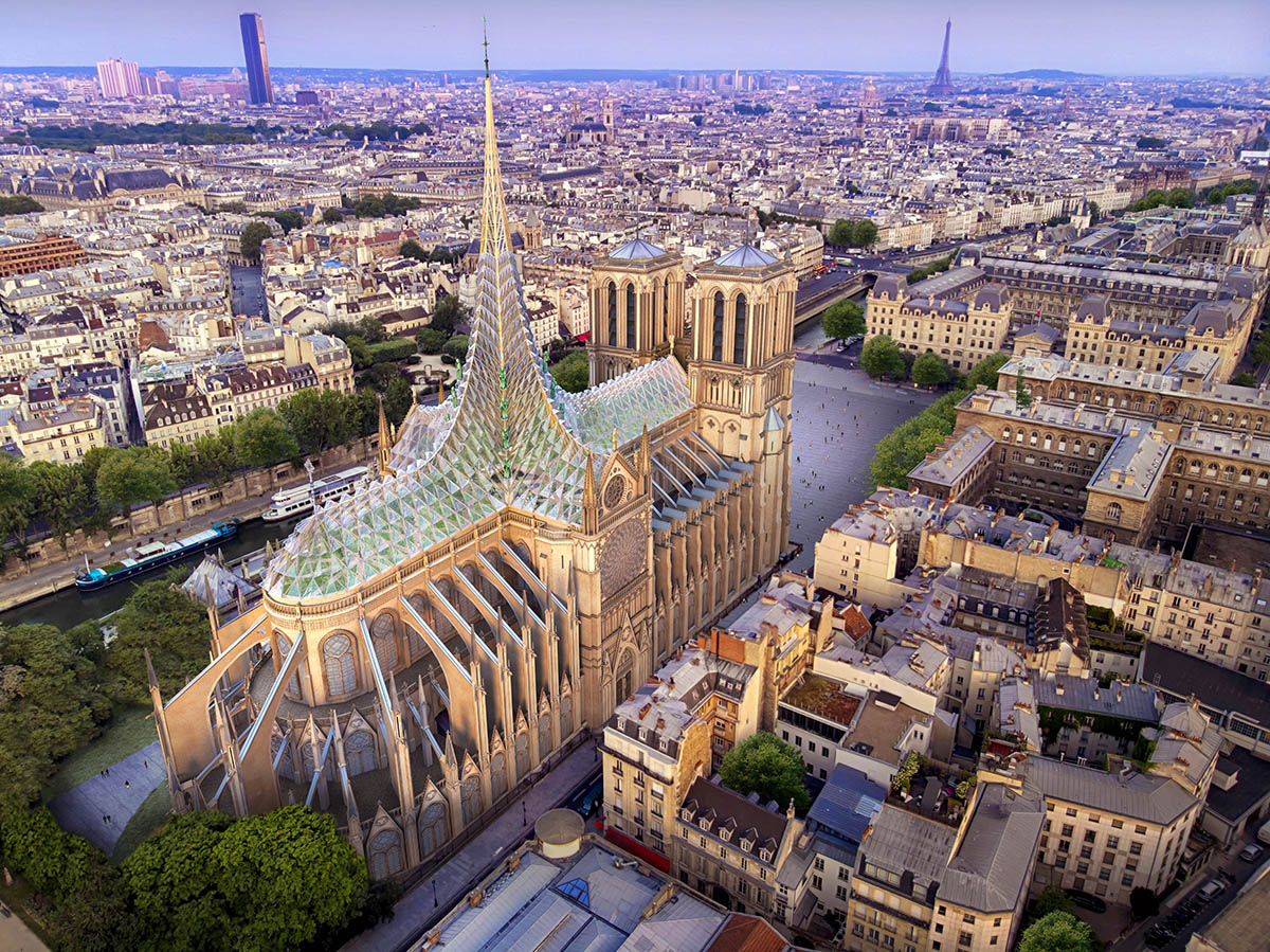 Vincent Callebaut proposes biosourced spire and 3D Gothic stained glass roof for Notre-Dame Cathedral