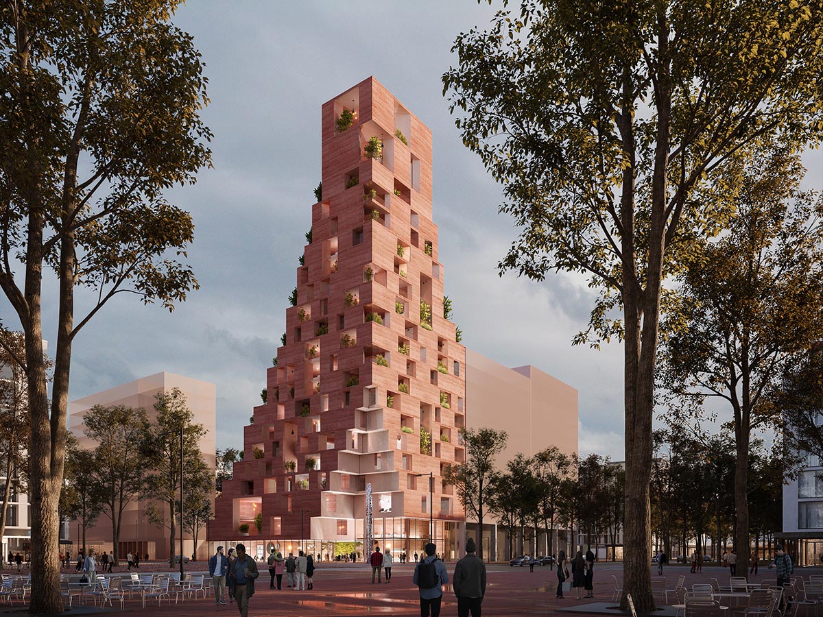 CHYBIK + KRISTOF unveils cascading red concrete tower in Tirana’s upcoming Culture Hub