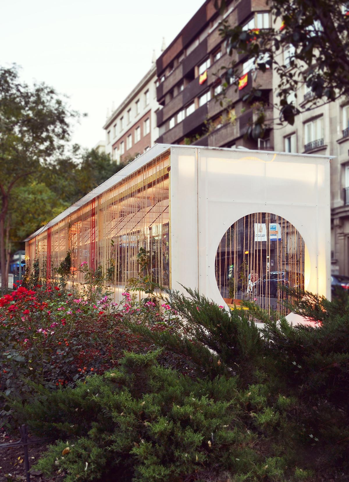 delaVegaCanolasso completes moveable urban pavilion with striped-facade in Madrid