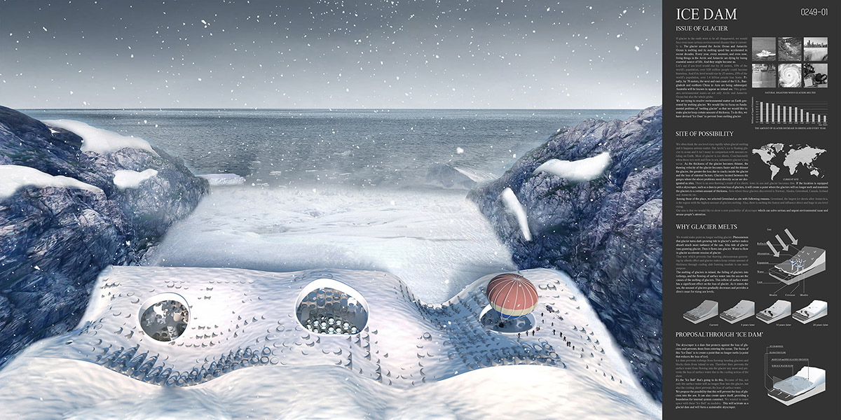 This wavy Ice Dam Skyscraper helps to preserve the melting of glaciers between canyons