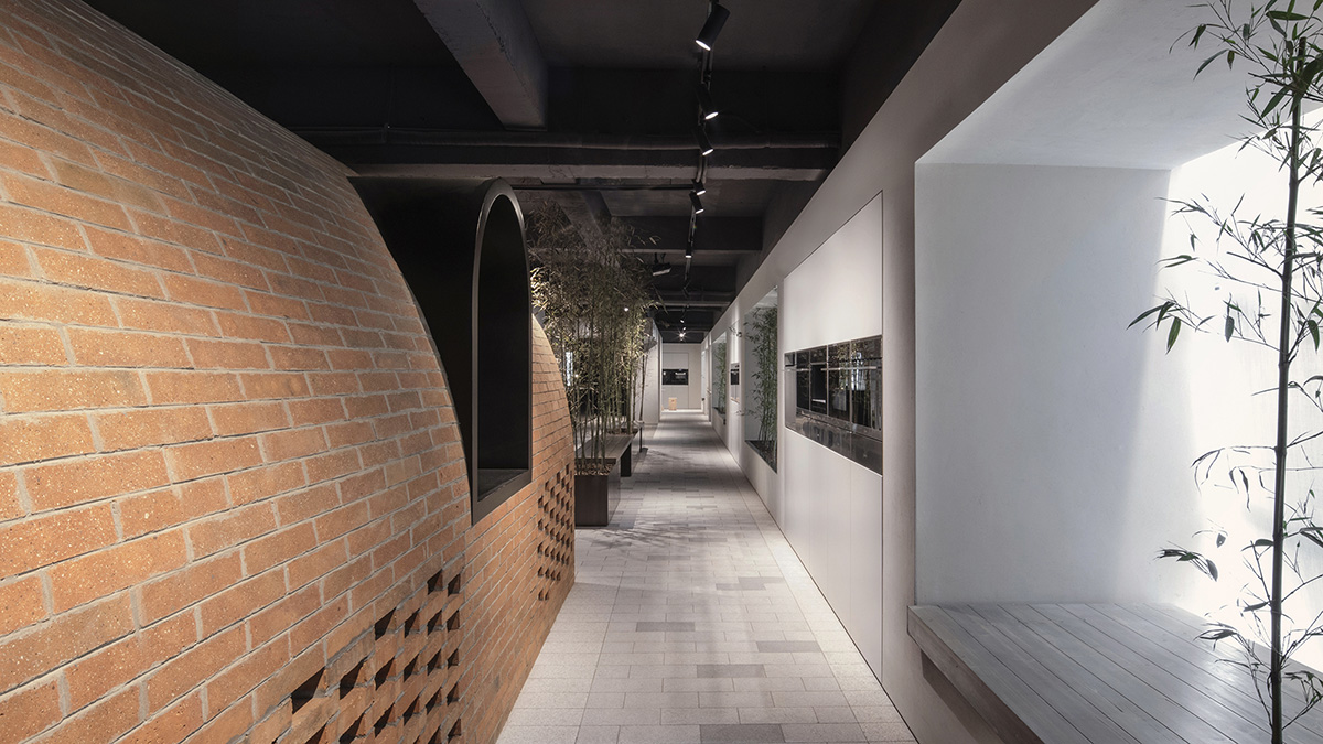 Lukstudio created artificial culinary village from different homes with monochrome interior