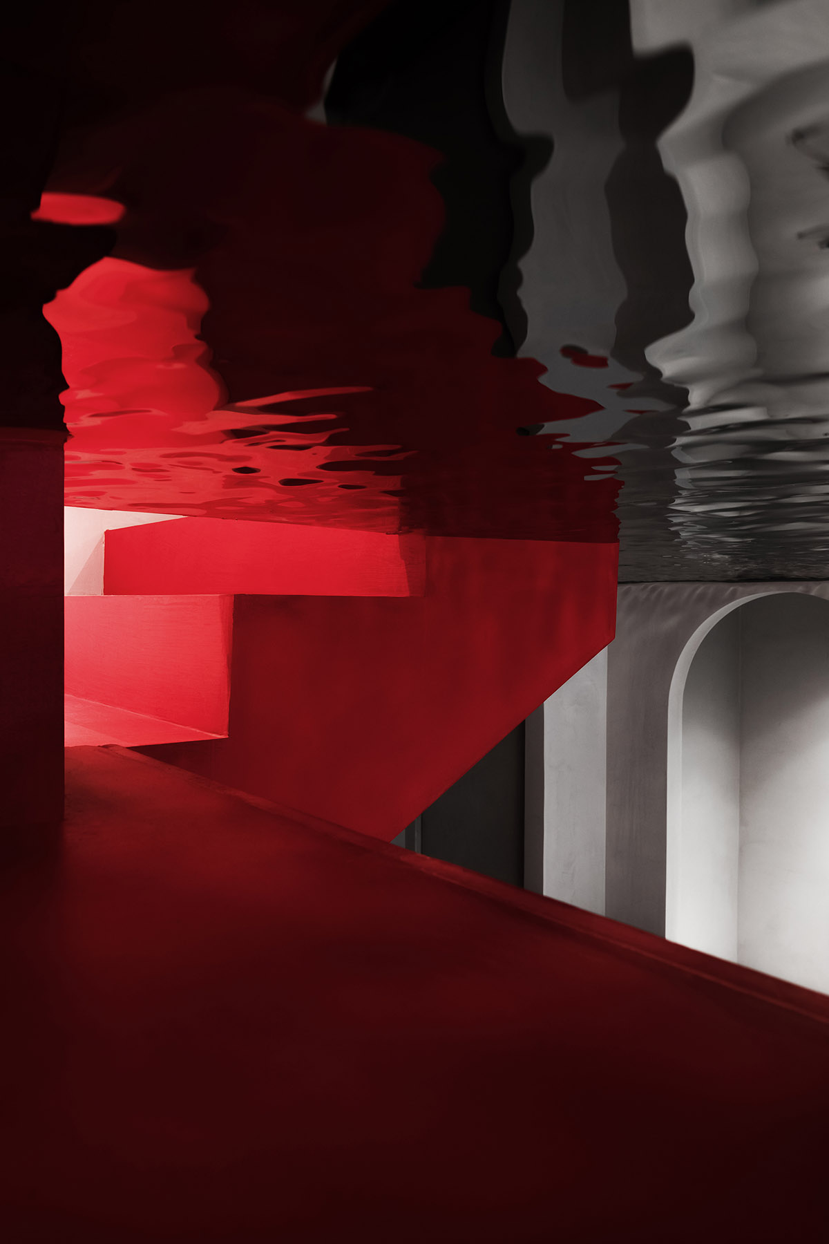 Grey and red colours combined with geometric shapes and shimmering ceiling for fashion store in China