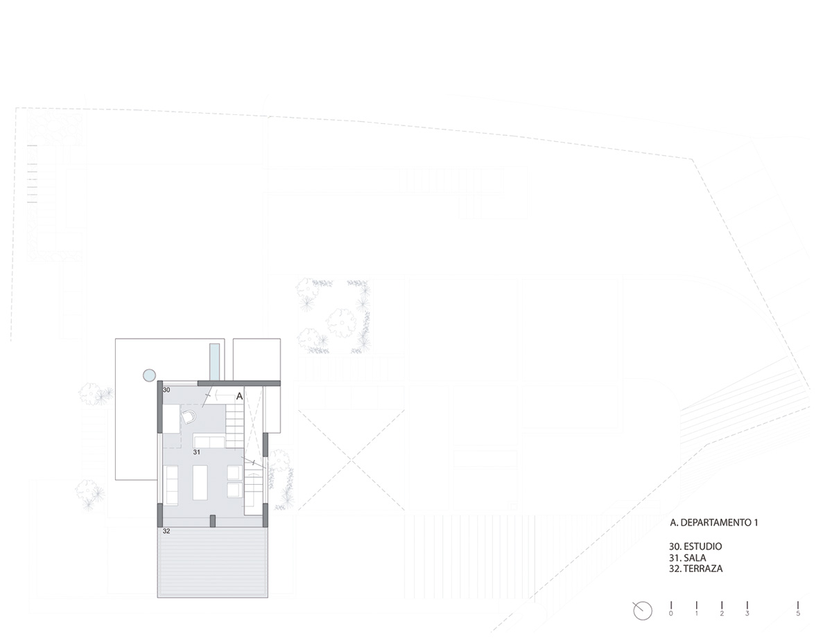 Earth-toned apartment building prioritizes views towards a forest in Coatepec, Mexico