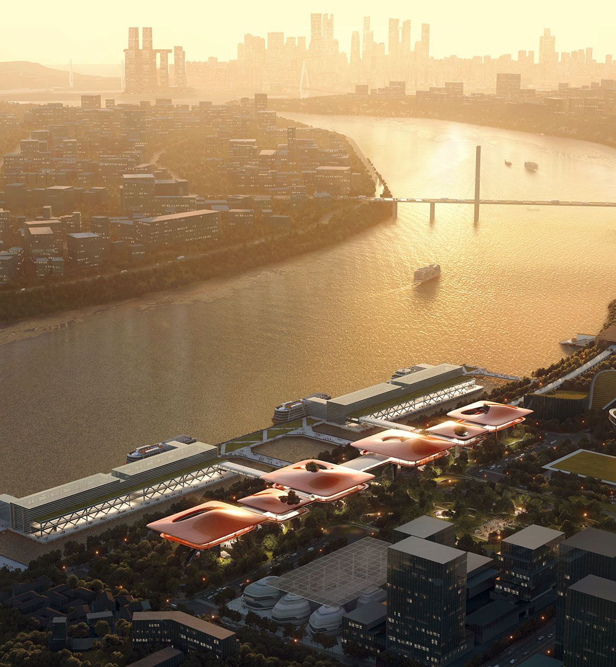 MAD designs futuristic walking city for cruise centre with elevated gantry crane-looking buildings 