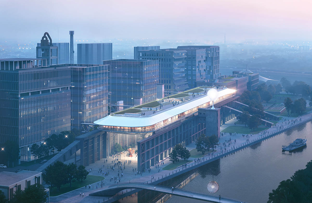 MAD unveils design to extend old cement factory warehouse with spaceship-like floating volume