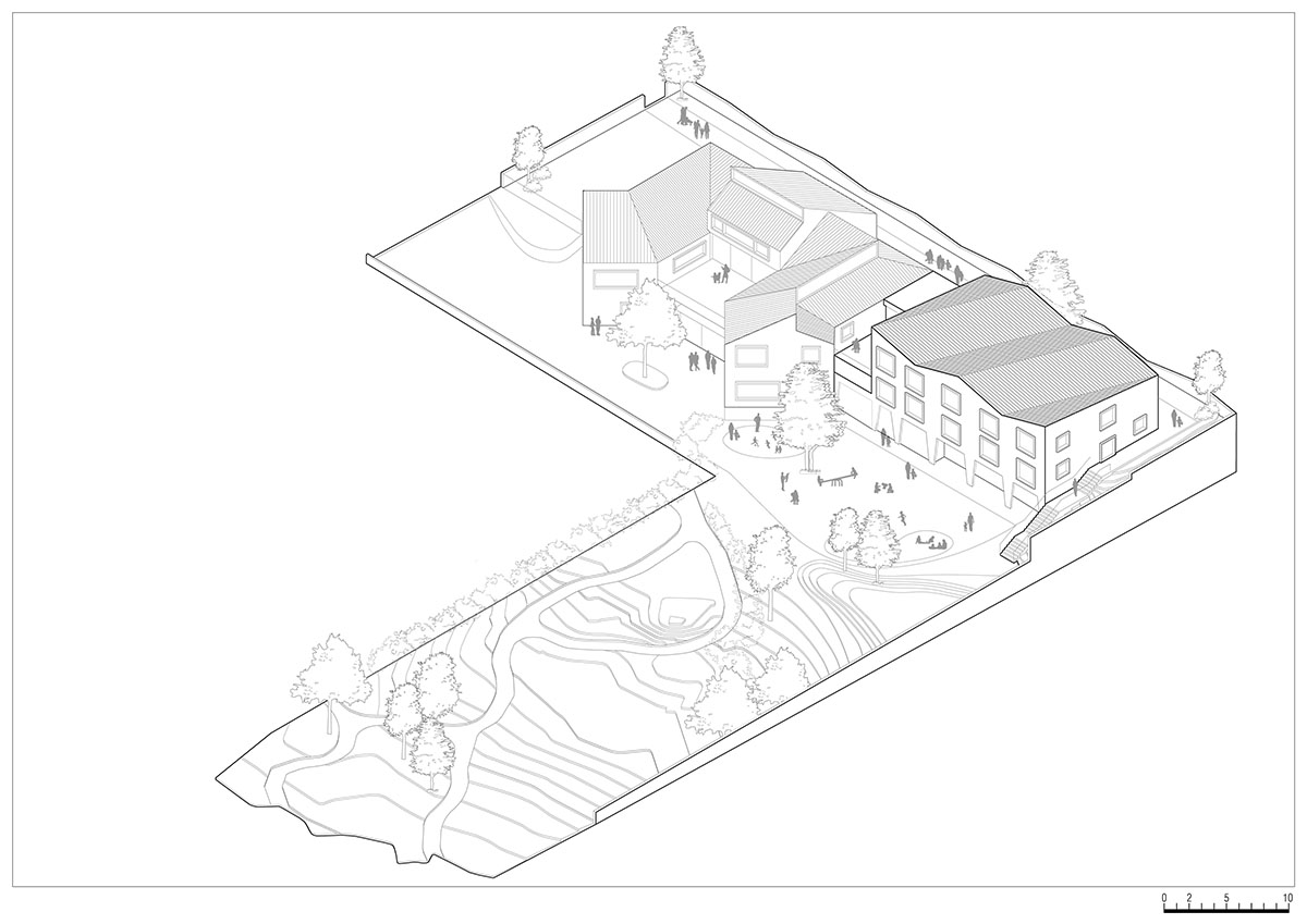 Zigzagged-profiled school featuring trapezoidal legs evokes traditional Tartan fabric in Terlano