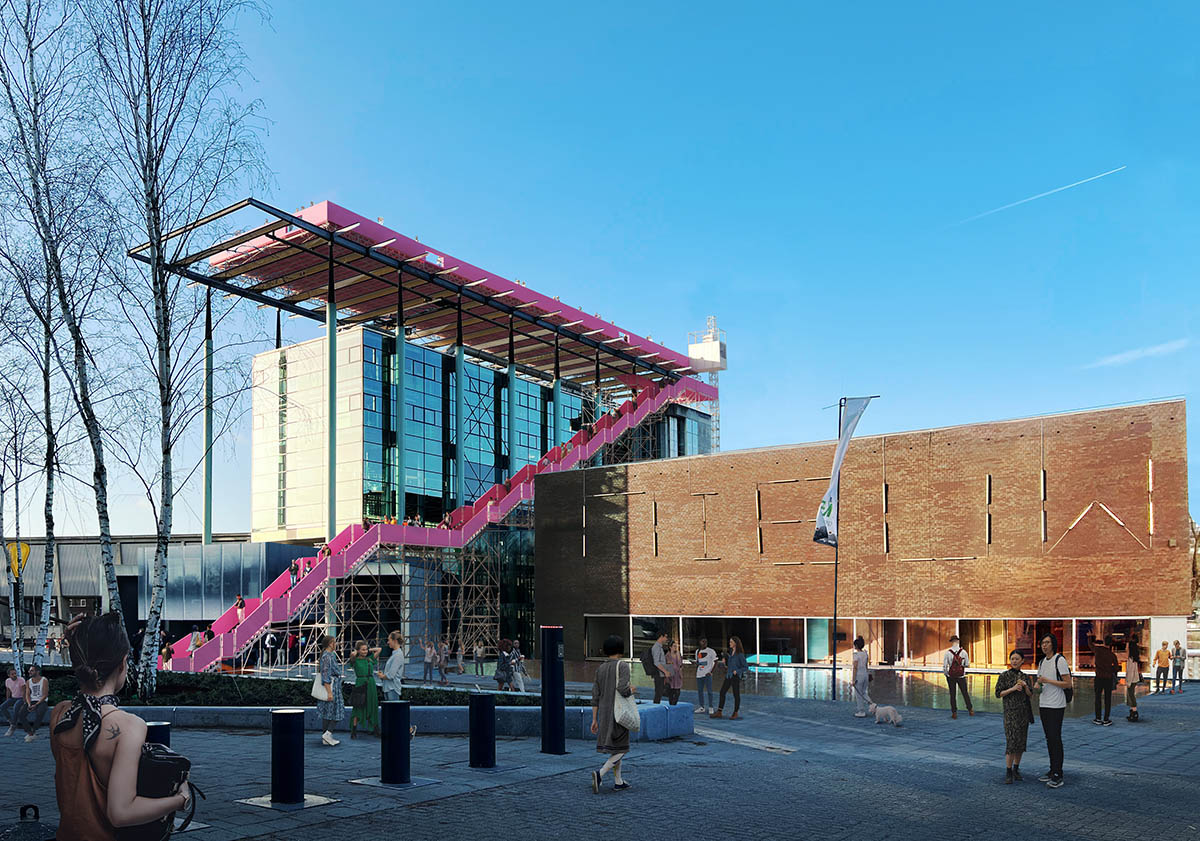 MVRDV designs pink-colored staircase and stage on the roof of Het Nieuwe Instituut