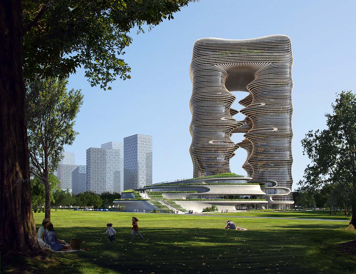 Zaha Hadid Architect's striated Yidan Center reaches its maximum height in Shenzhen 