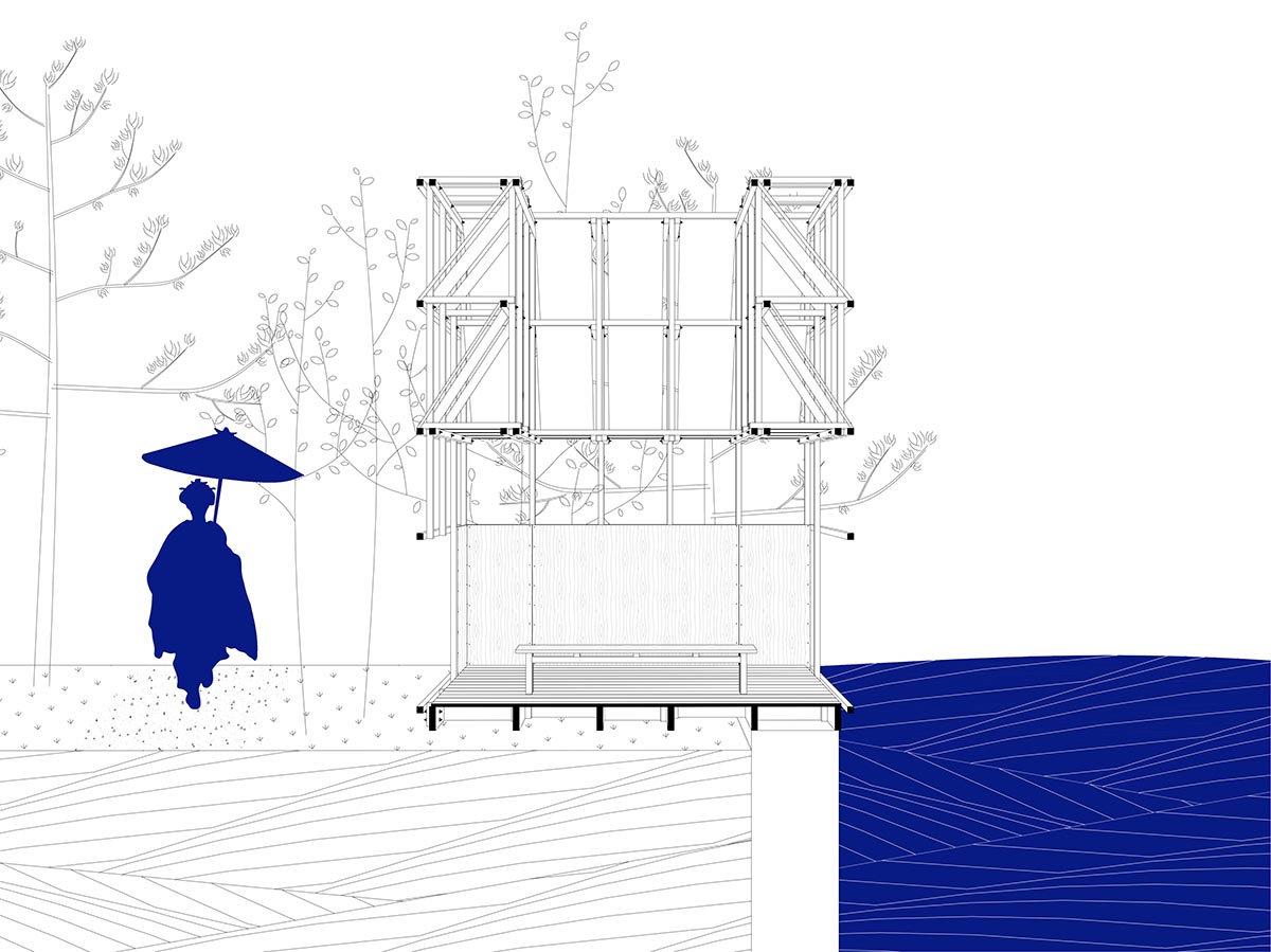 GRAU Architects built a tea house pavilion giving a ceremonial impression overlooking a lake 