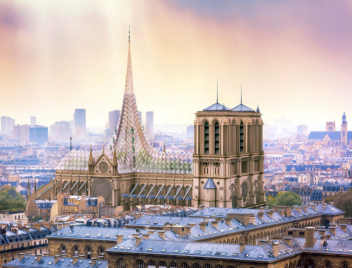 Vincent Callebaut proposes biosourced spire and 3D Gothic stained glass roof for Notre-Dame Cathedral