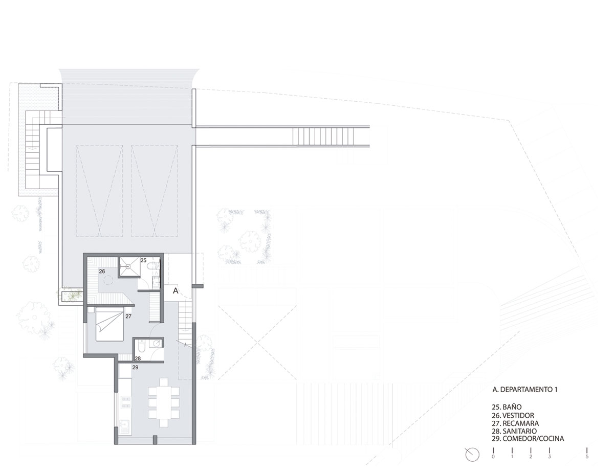 Earth-toned apartment building prioritizes views towards a forest in Coatepec, Mexico