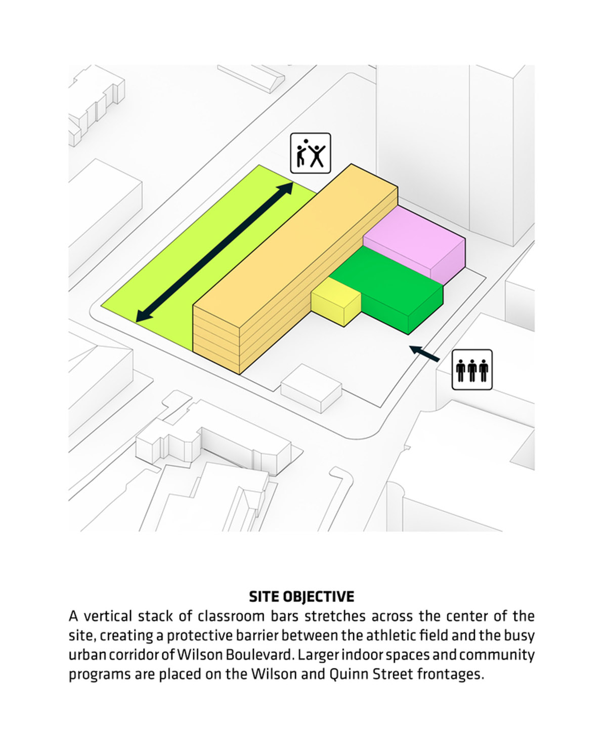 Five rectangular volumes rotating around a fixed pivot point form BIG-designed educational building