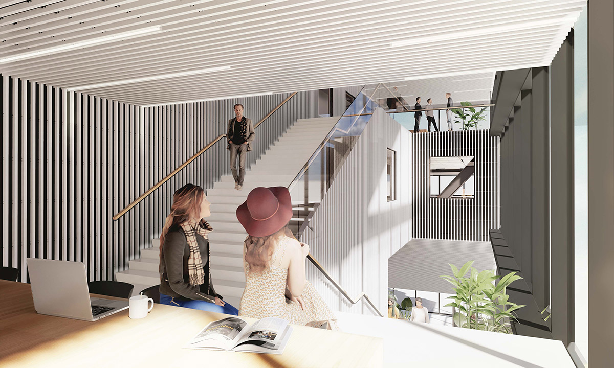 MVRDV releases Matrix 1 office building featuring zigzagging staircase that slices façade