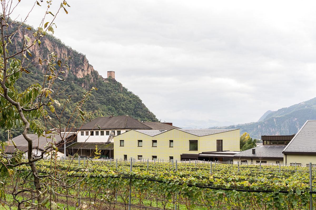 Zigzagged-profiled school featuring trapezoidal legs evokes traditional Tartan fabric in Terlano