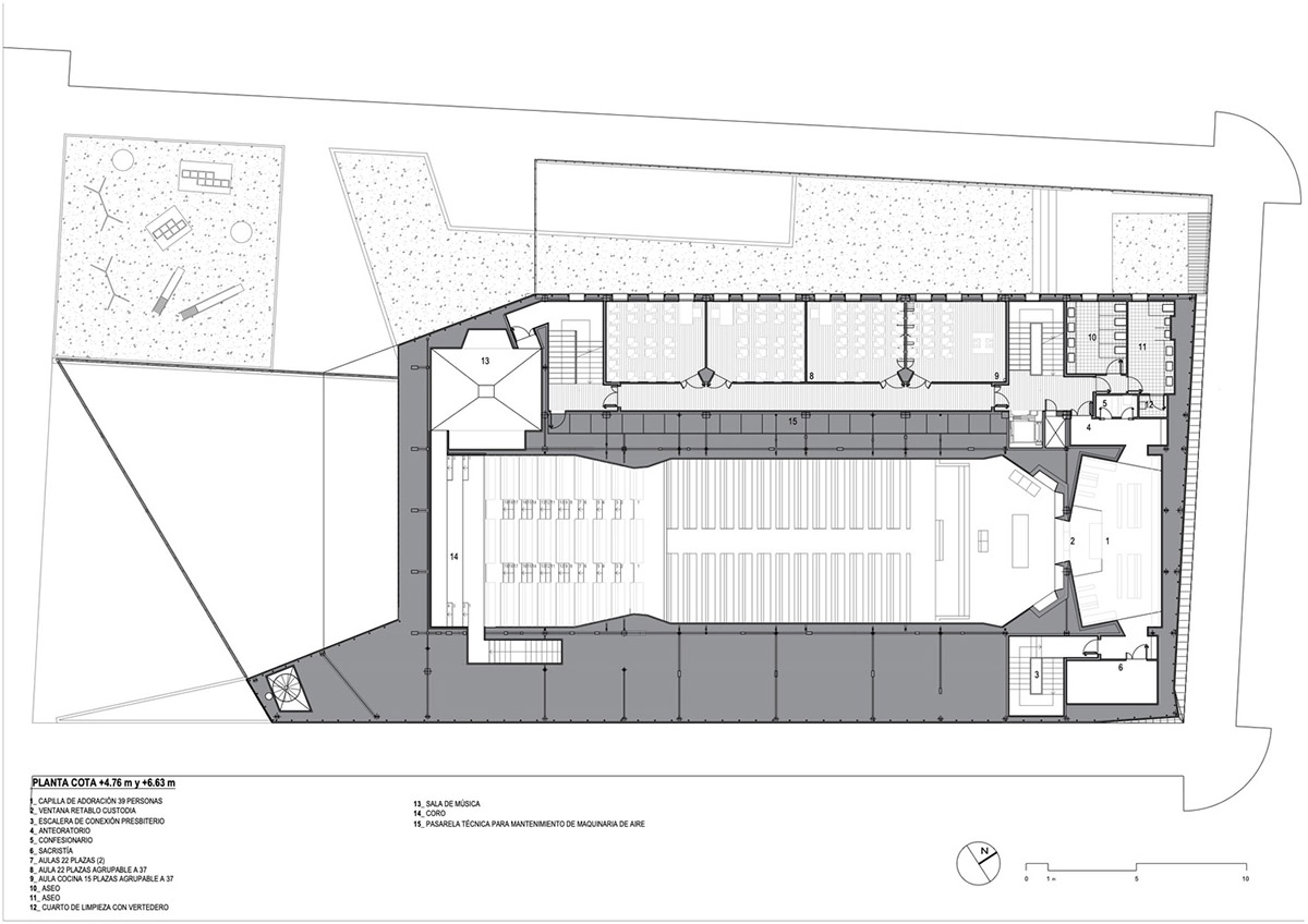 Ramón Fernández-Alonso built church complex with inclined surfaces dressed by warm colors in Madrid