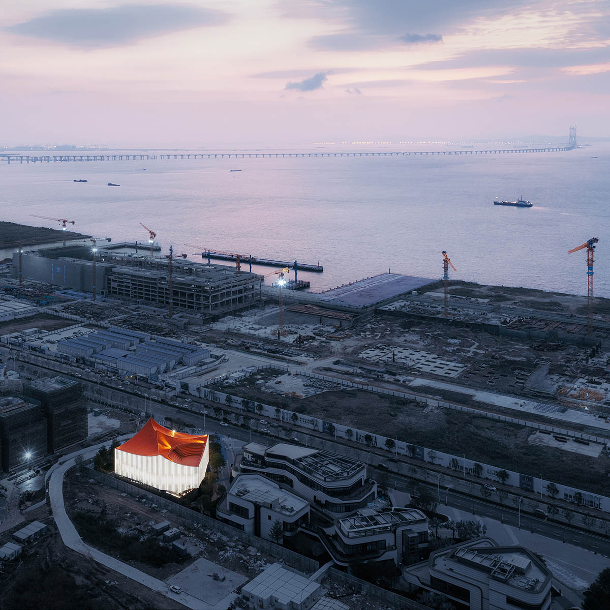 Wutopia Lab built showroom evoking Chinese red mountains with dazzling orange-colored roof