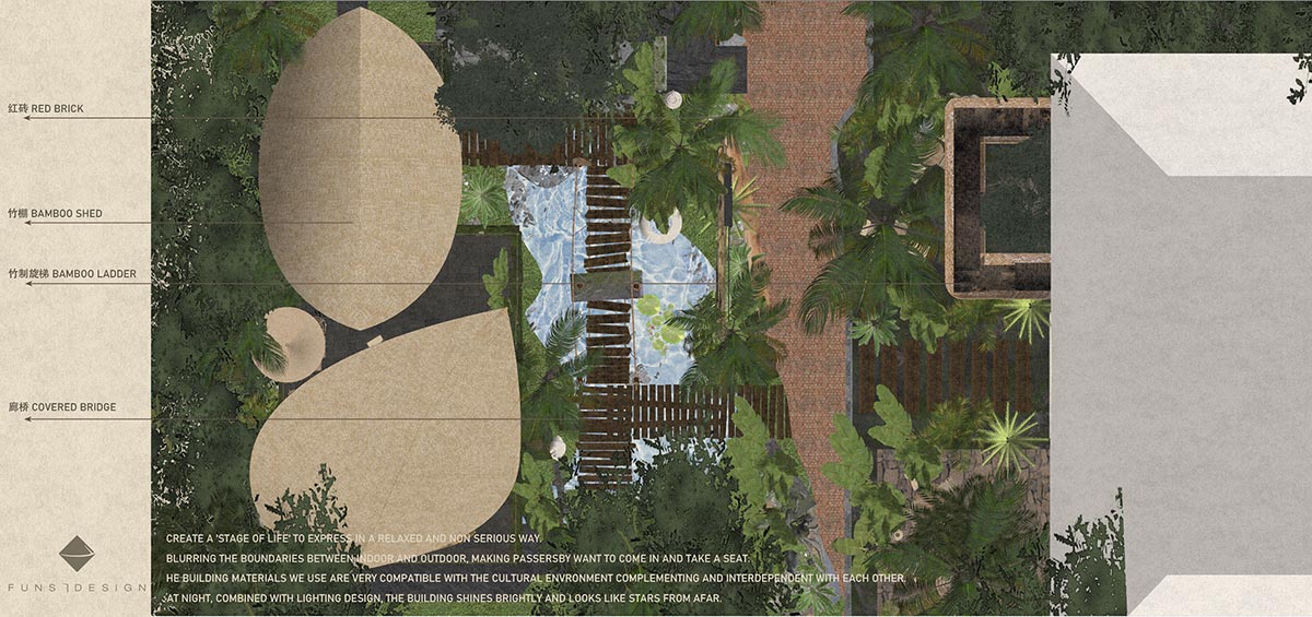 Bamboo ladder and sheds surround cafe and resturant designed by Funs Design in China 