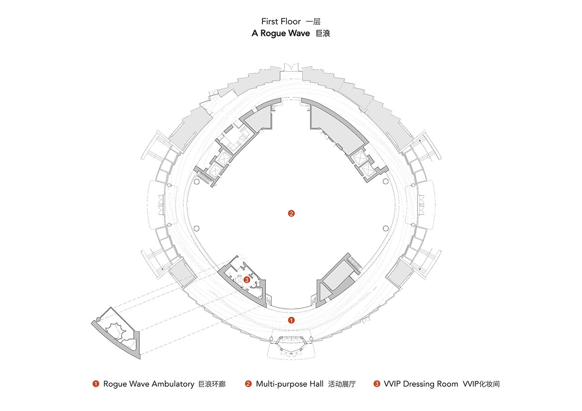 Undulating lines and expansive waves define interior of Orbit public exhibition hall in Shanghai 