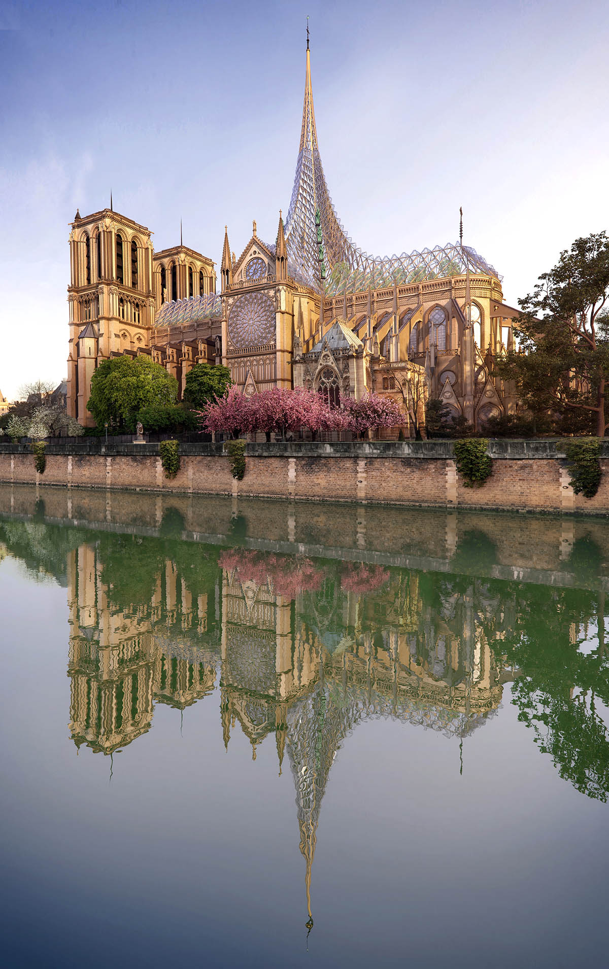Vincent Callebaut proposes biosourced spire and 3D Gothic stained glass roof for Notre-Dame Cathedral