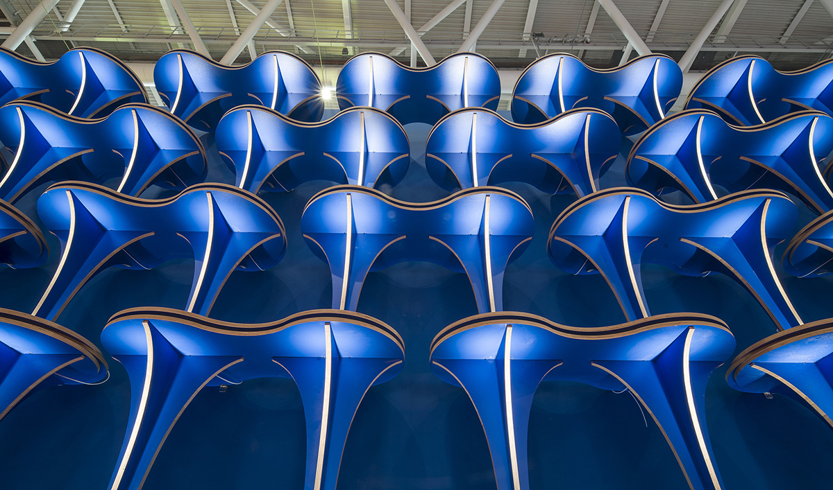 Various Associates used recycled materials to build pavilion reducing waste in an exhibition area