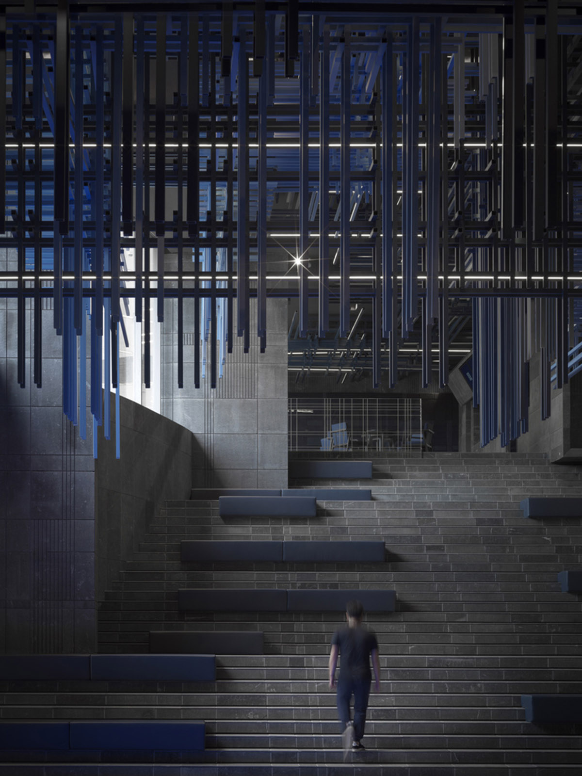 One Plus Partnership enhances depth of interior space with blue metal bars for a Cinema in Shenzhen