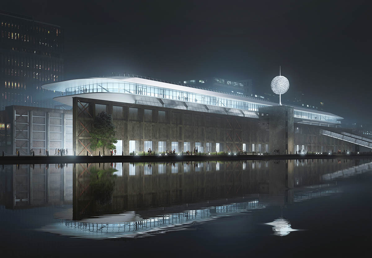 MAD unveils design to extend old cement factory warehouse with spaceship-like floating volume