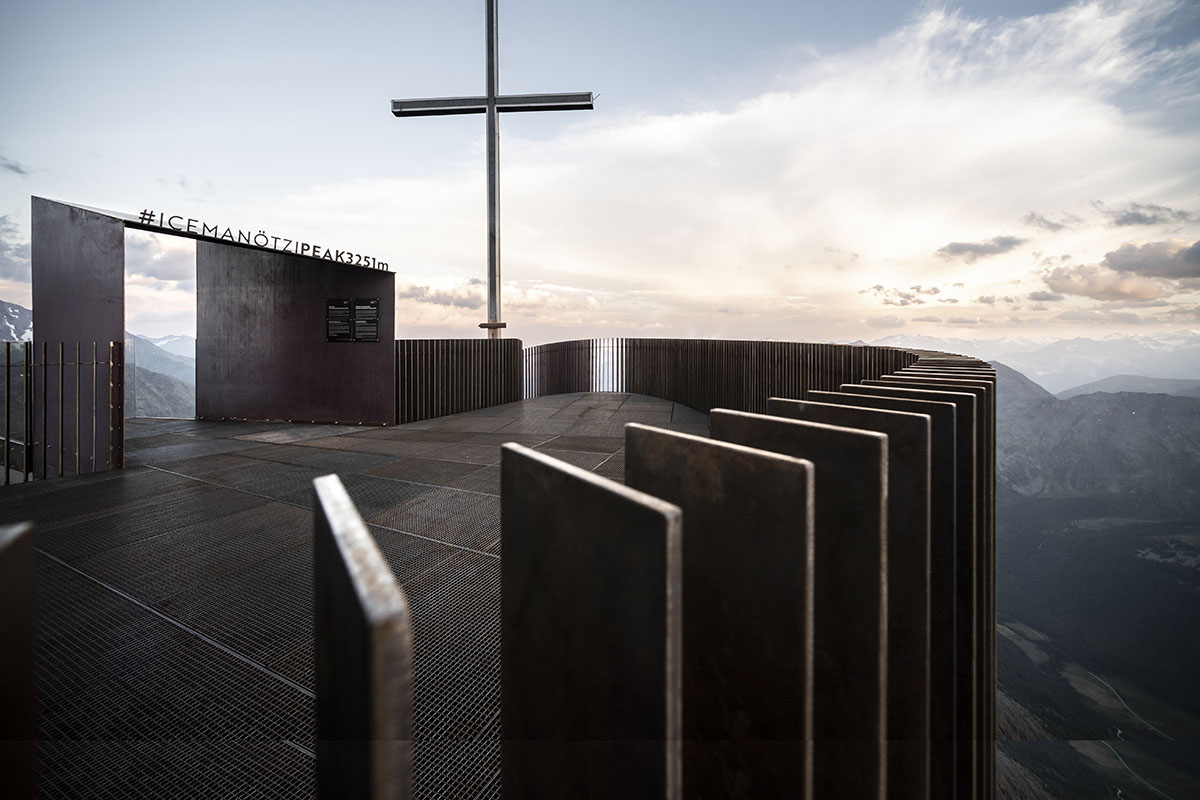 noa* network of architecture built corten steel viewing platform on the Schnals Valley Glacier ridge