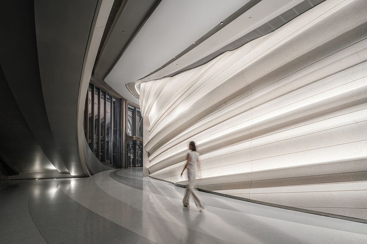 Undulating lines and expansive waves define interior of