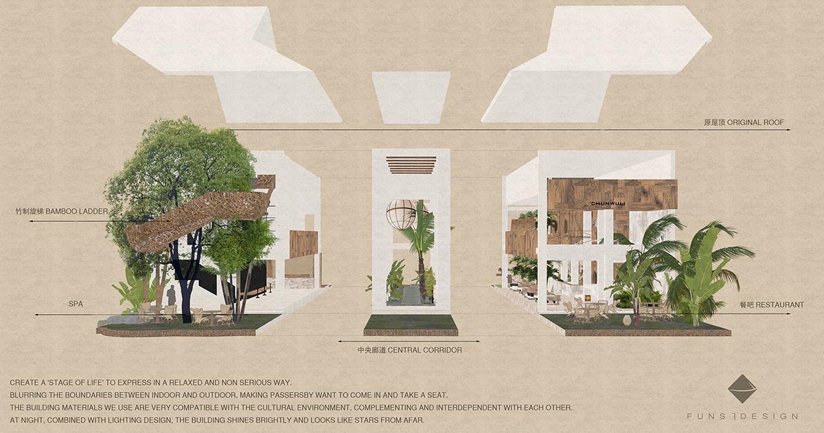 Bamboo ladder and sheds surround cafe and resturant designed by Funs Design in China 