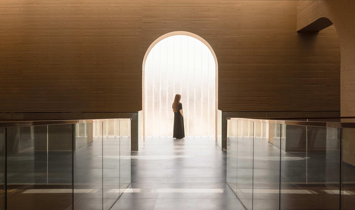 Linear placement of earth-toned walls choreographs a serene hotel by Studio A+ in China 