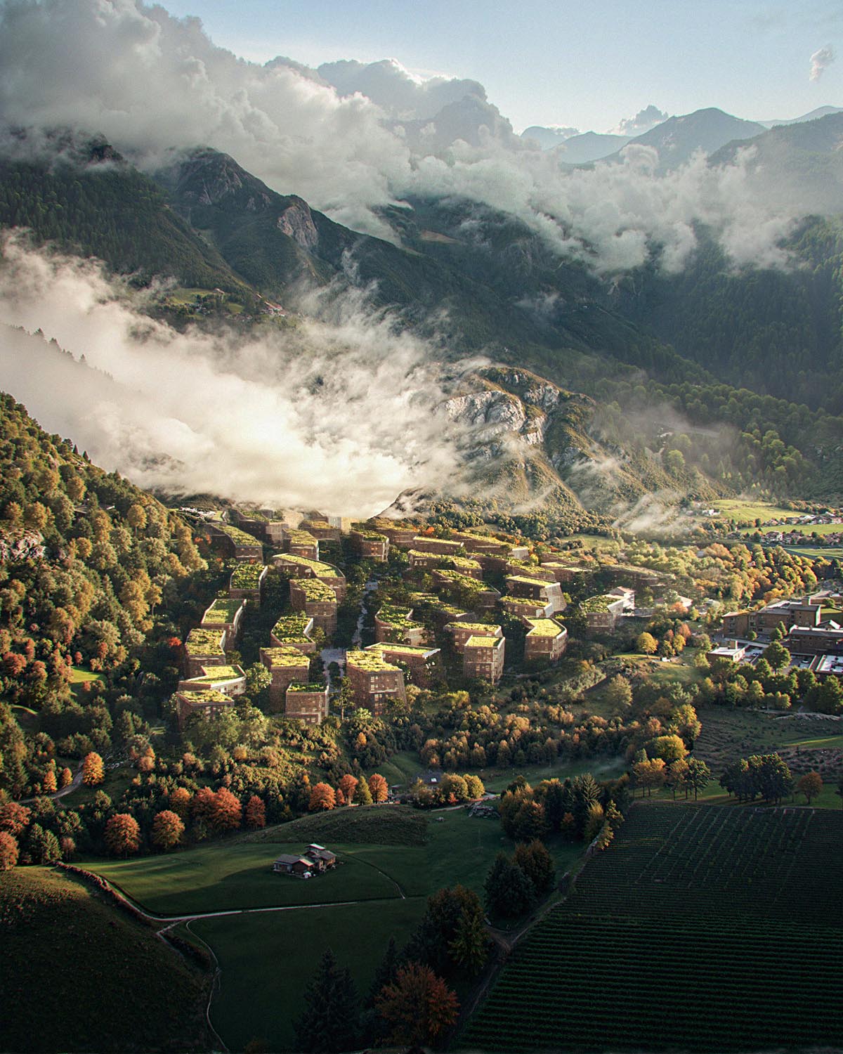 NOA transforms an agricultural area into a new neighborhood in the Dolomites
