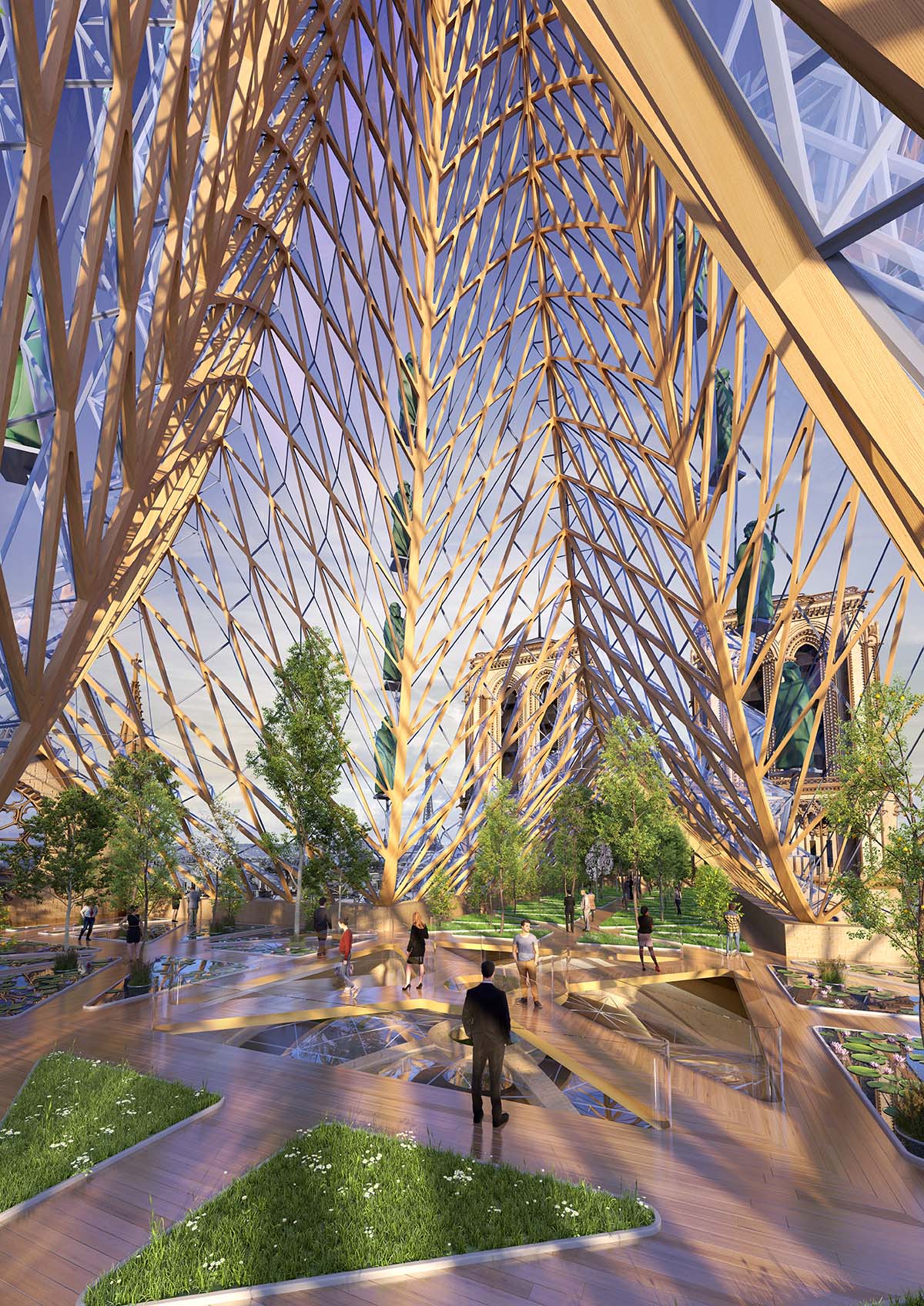 Vincent Callebaut proposes biosourced spire and 3D Gothic stained glass roof for Notre-Dame Cathedral