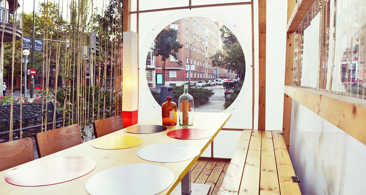 delaVegaCanolasso completes moveable urban pavilion with striped-facade in Madrid