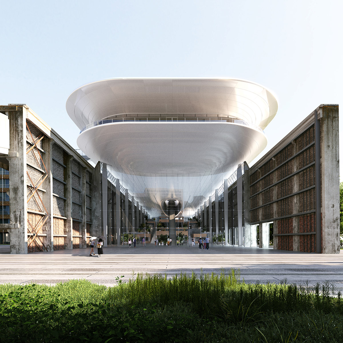 MAD unveils design to extend old cement factory warehouse with spaceship-like floating volume