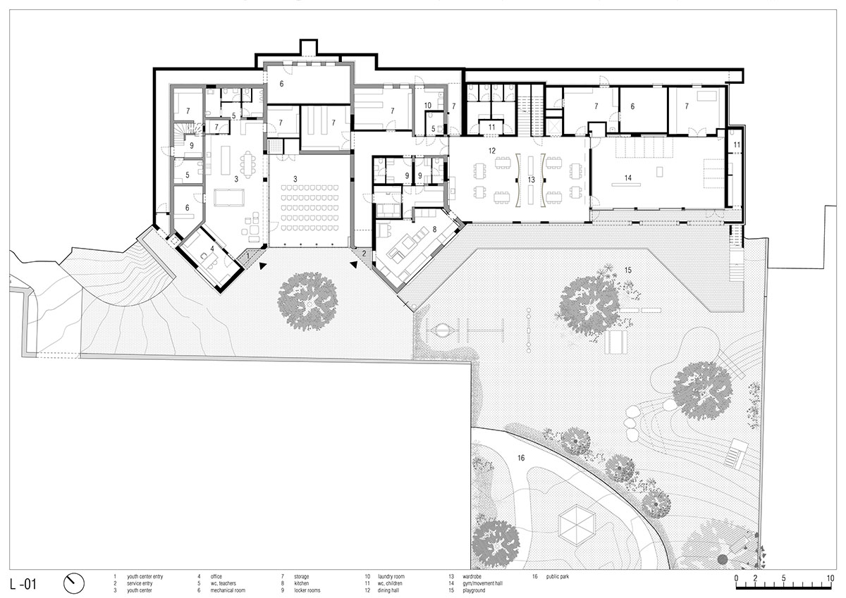 Zigzagged-profiled school featuring trapezoidal legs evokes traditional Tartan fabric in Terlano
